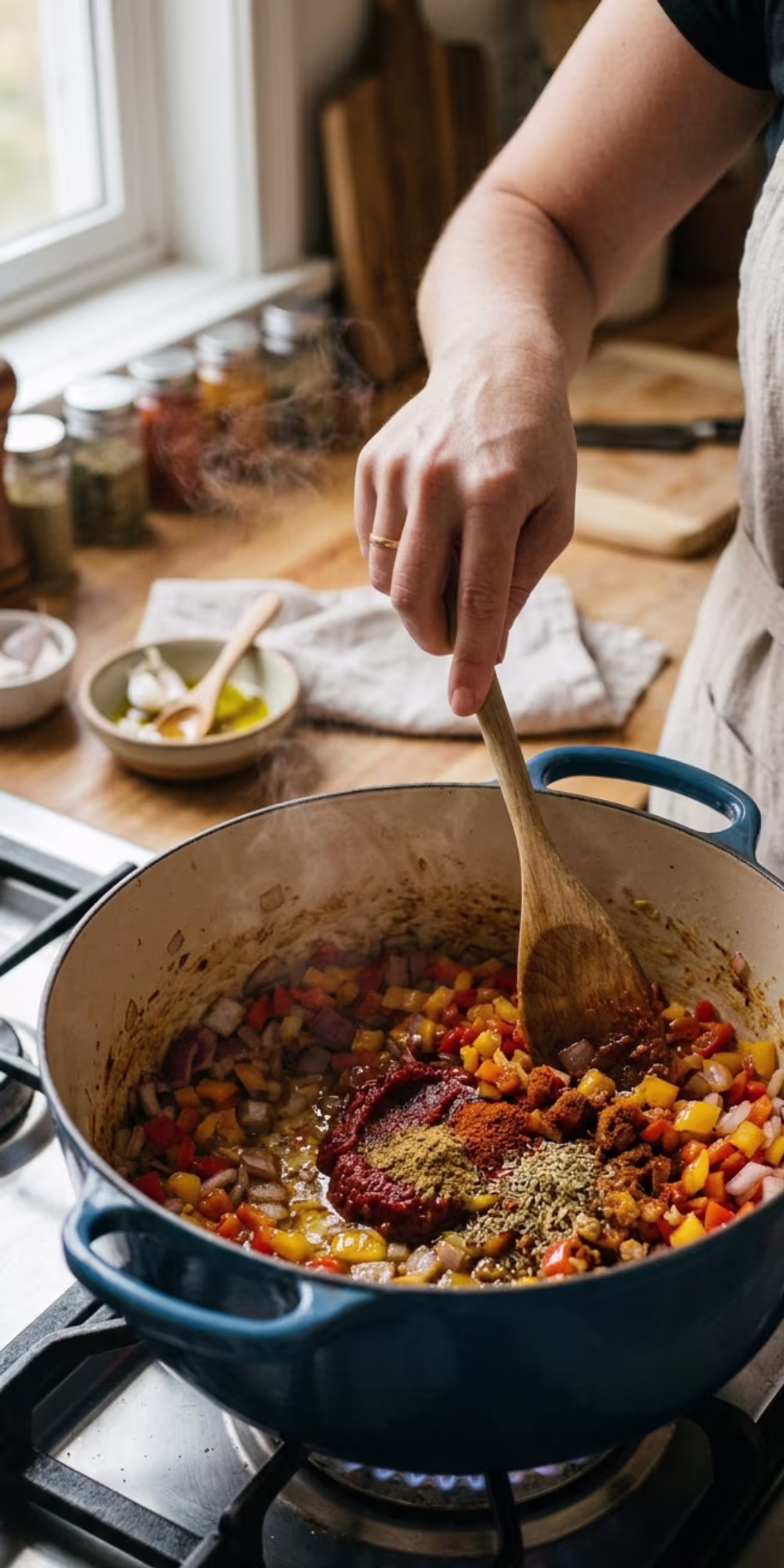 Tomato paste cumin smoked paprika and chili powder being stirred into sautéed vegetables