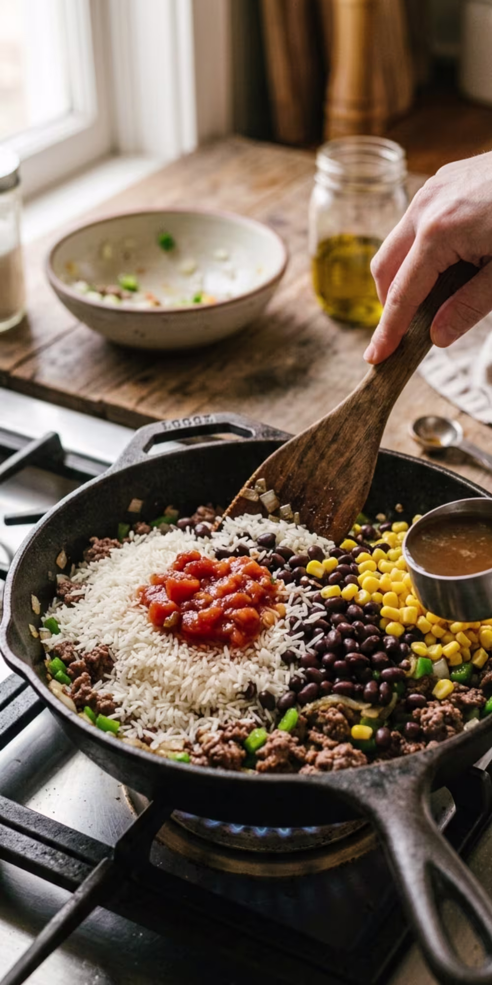 Uncooked long-grain rice, salsa, black beans, corn, and broth being added to taco rice in one skillet