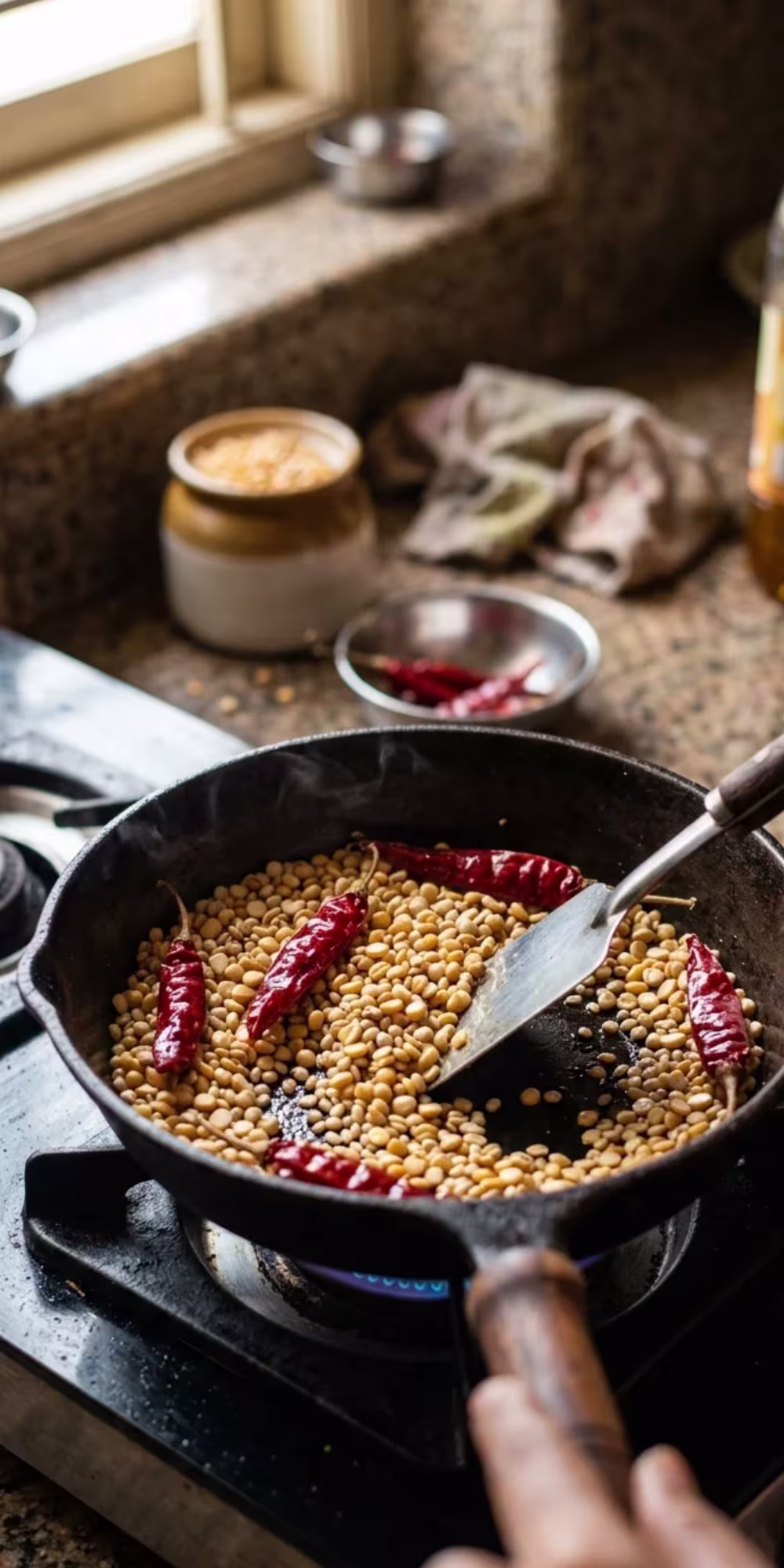 Urad dal, chana dal and dried red chilies roasting for homemade South Indian onion chutney