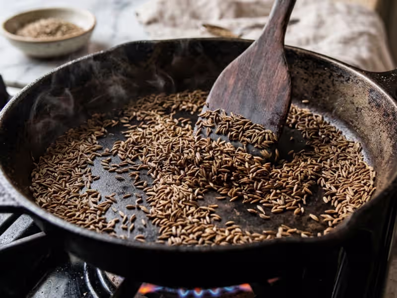 Whole cumin seeds dry-toasting in a skillet