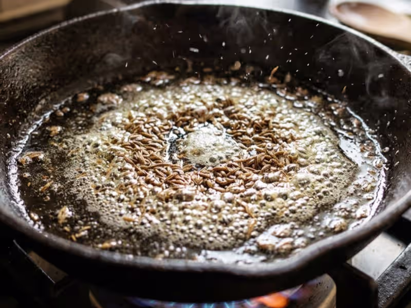Whole cumin seeds sizzling in hot ghee in a pan