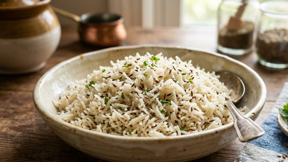 Fluffy basmati jeera rice with whole cumin seeds in a ceramic bowl