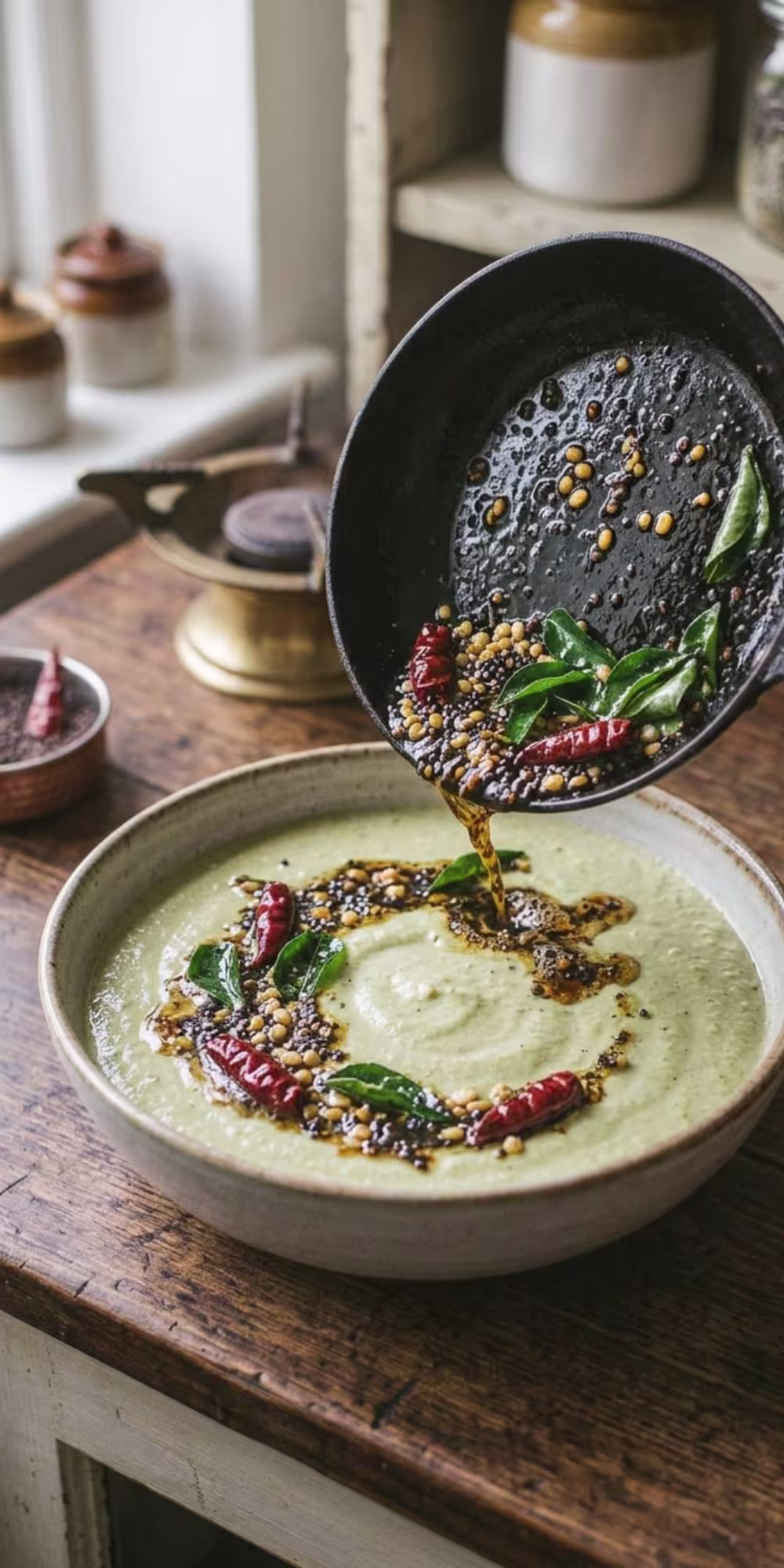 Freshly blended coconut chutney in a serving bowl ready for a fragrant mustard seed and curry leaf tempering