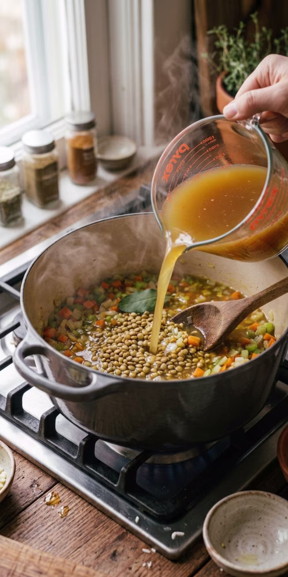 Dried green lentils and vegetable broth being added to a pot to make one pot lentil stew