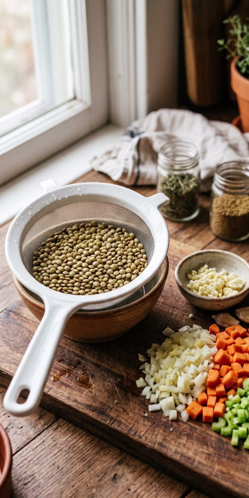Rinsed green lentils, chopped onion, carrots, celery and garlic prepared for homemade one pot lentil stew