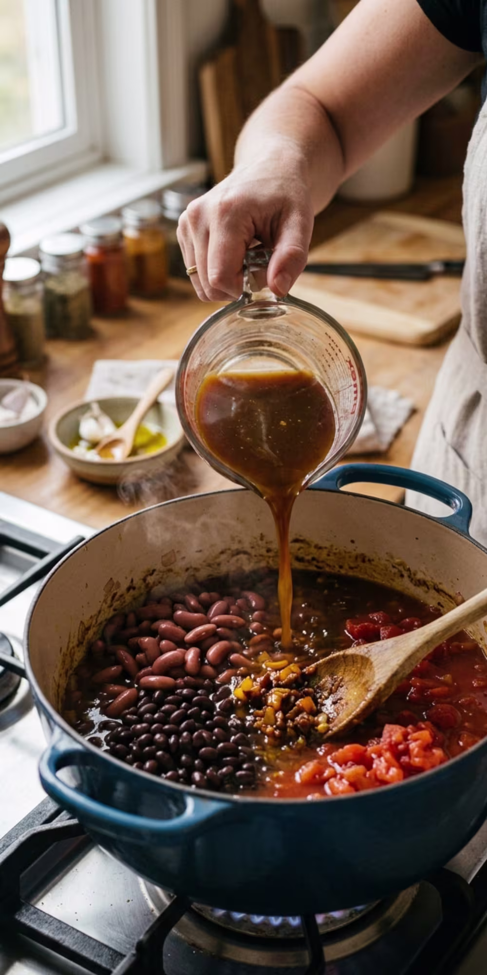 Drained kidney beans black beans diced tomatoes and vegetable broth added to a vegetarian chili pot