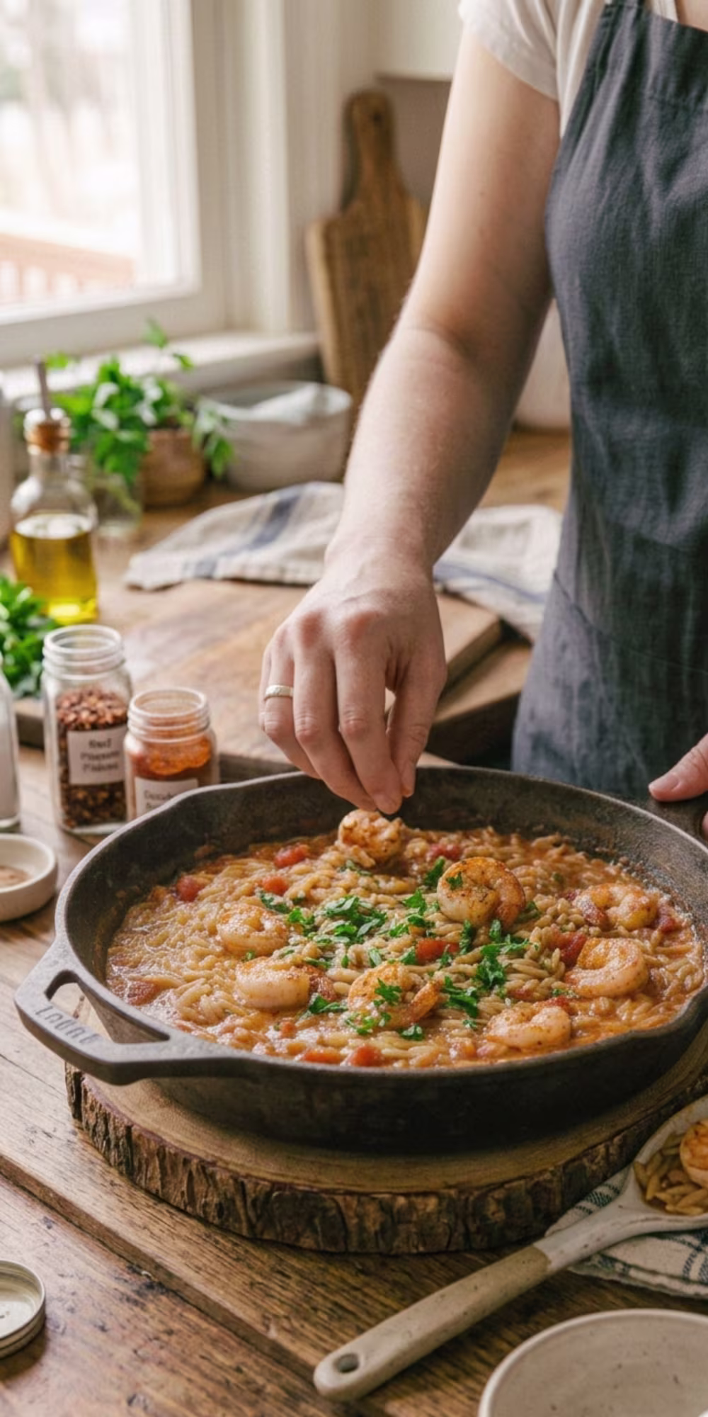 Finished one pot shrimp and orzo with lemon and fresh herbs