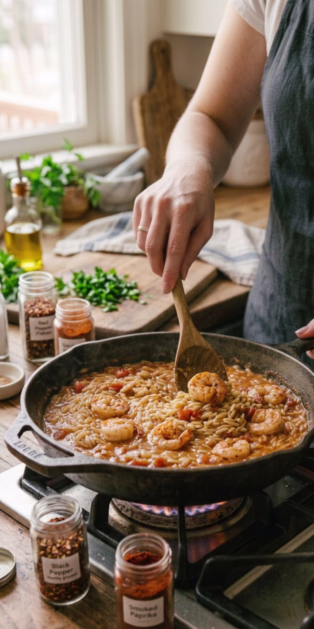 Cooked shrimp added to creamy tomato orzo in one pot