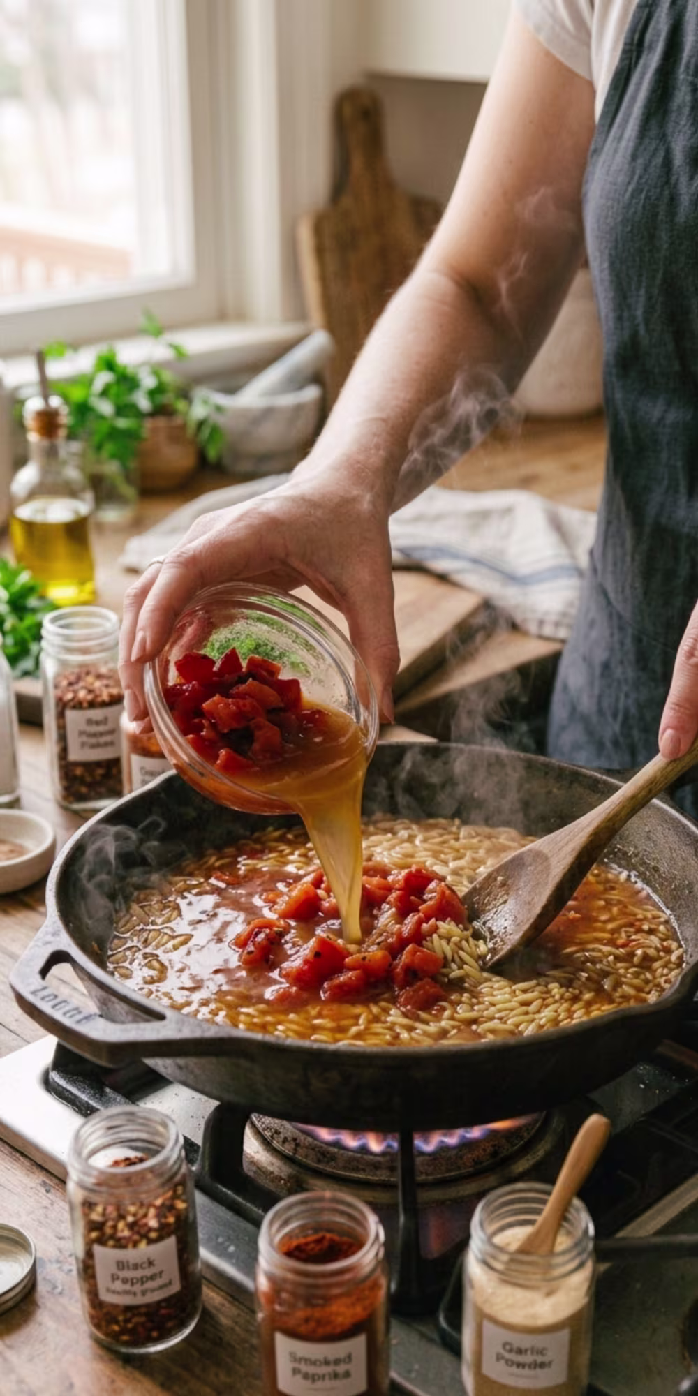 Tomatoes and broth added to orzo for a one pot shrimp pasta dinner