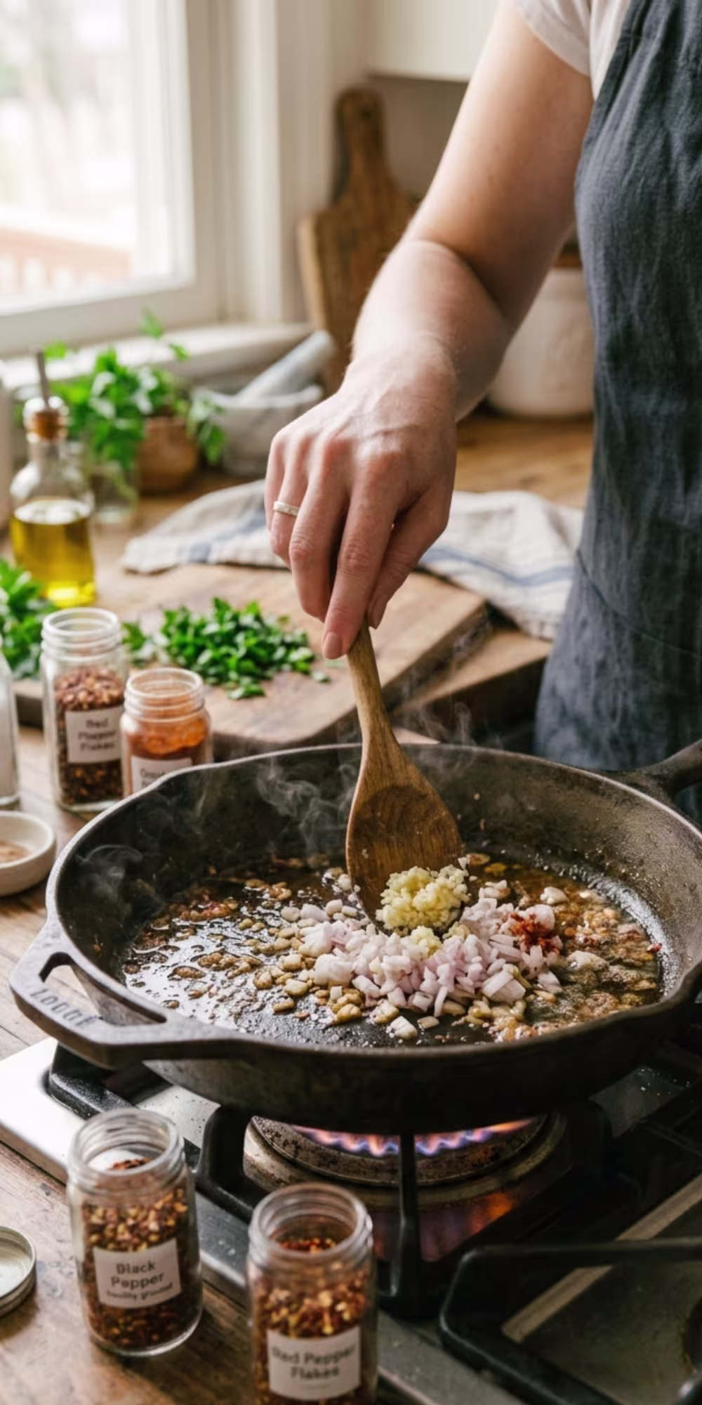 Garlic and onion cooking in a skillet for one pot shrimp and orzo