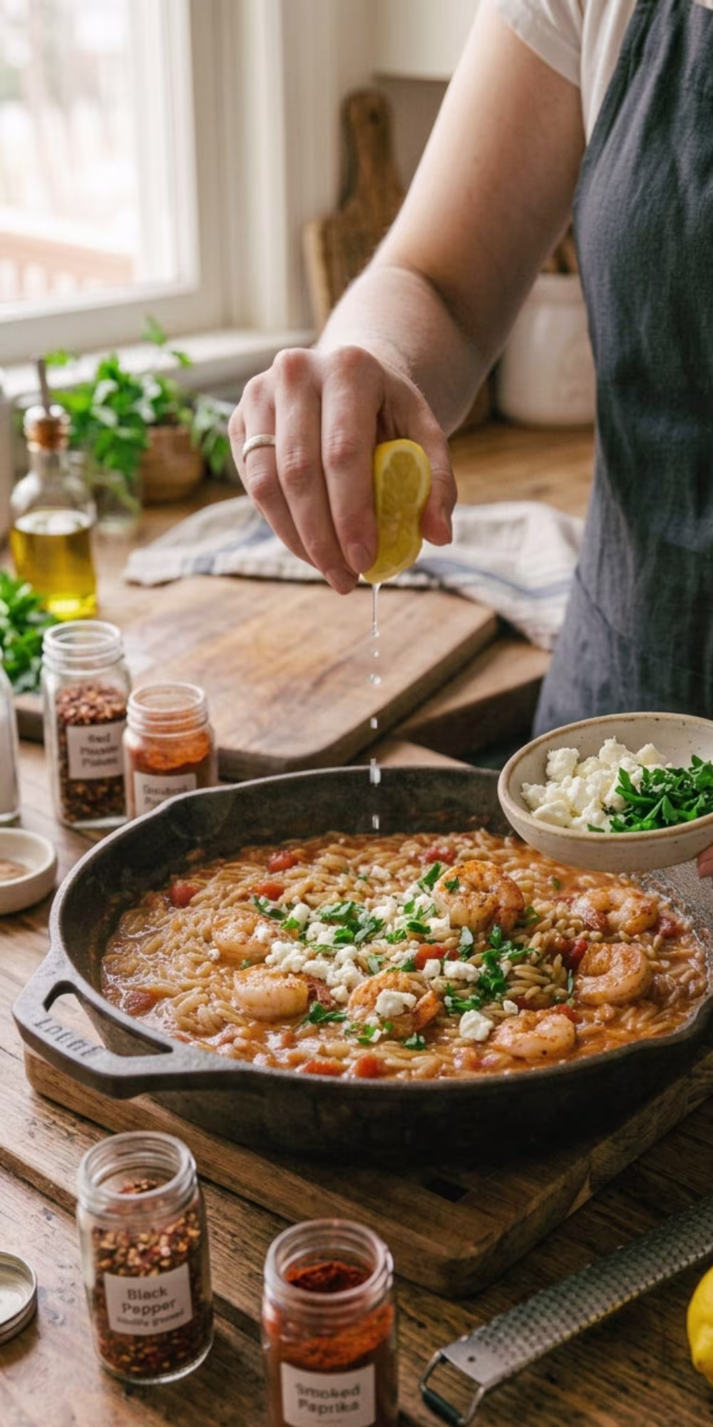 Lemon and fresh herbs added to one pot shrimp and orzo