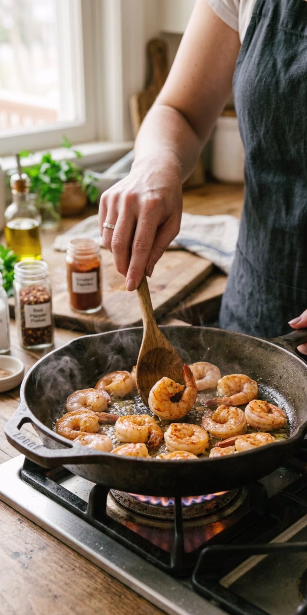 Shrimp searing in a skillet for an easy one pot shrimp orzo recipe