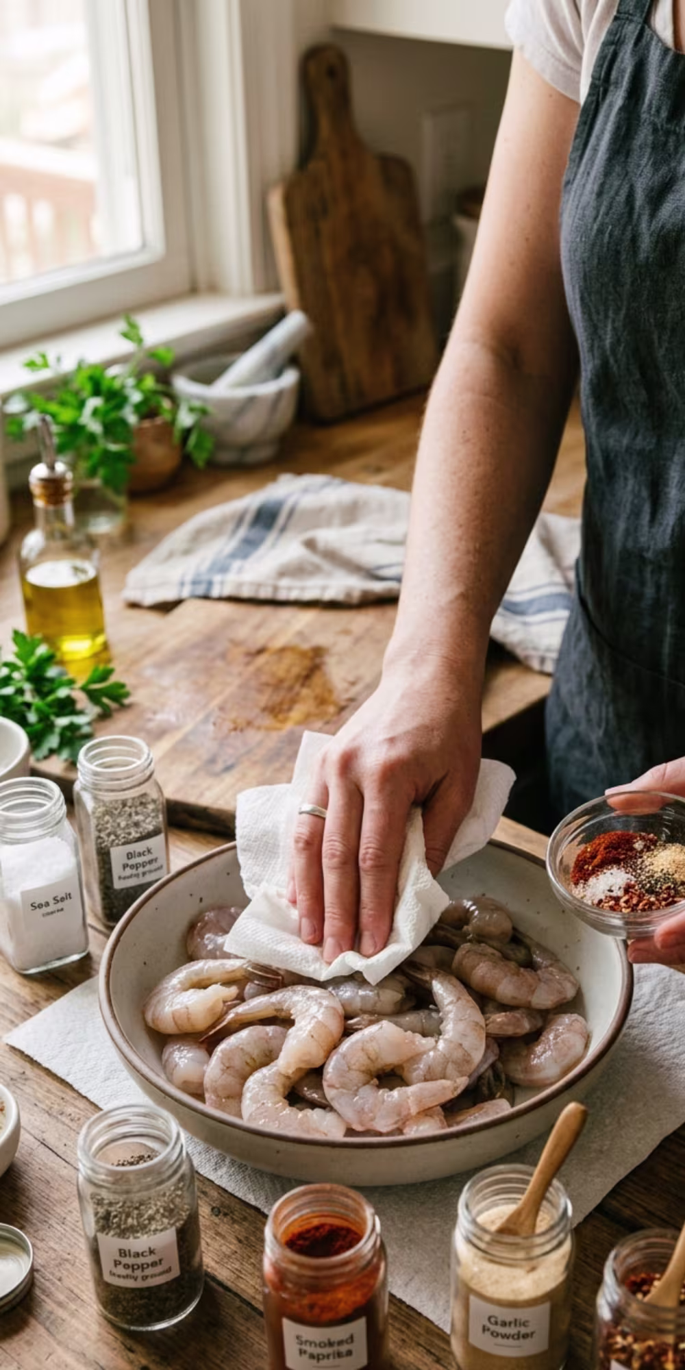 Raw shrimp seasoned with garlic, paprika, salt and black pepper for one pot shrimp and orzo