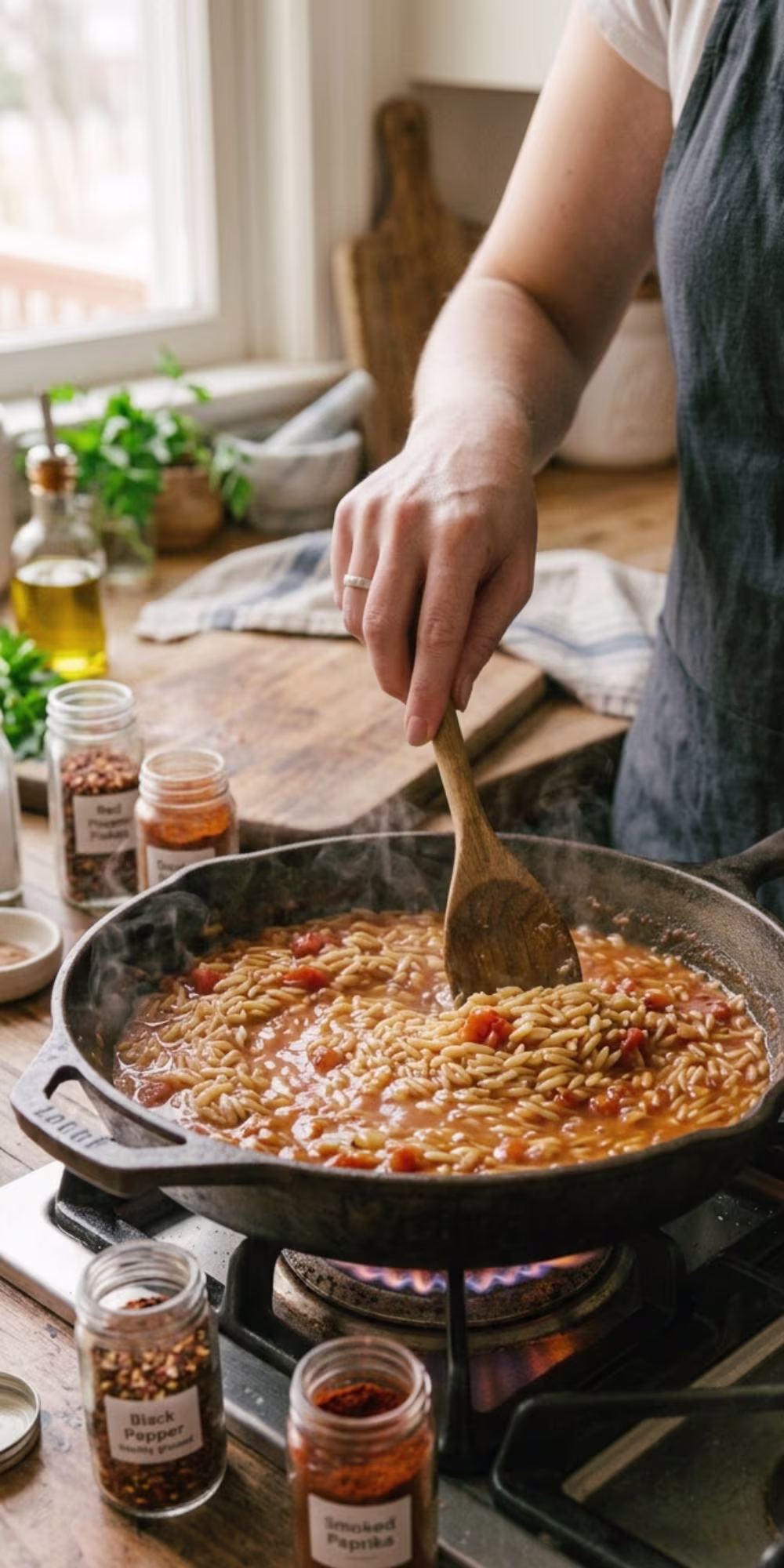 Orzo simmering in tomato broth for one pot shrimp and orzo