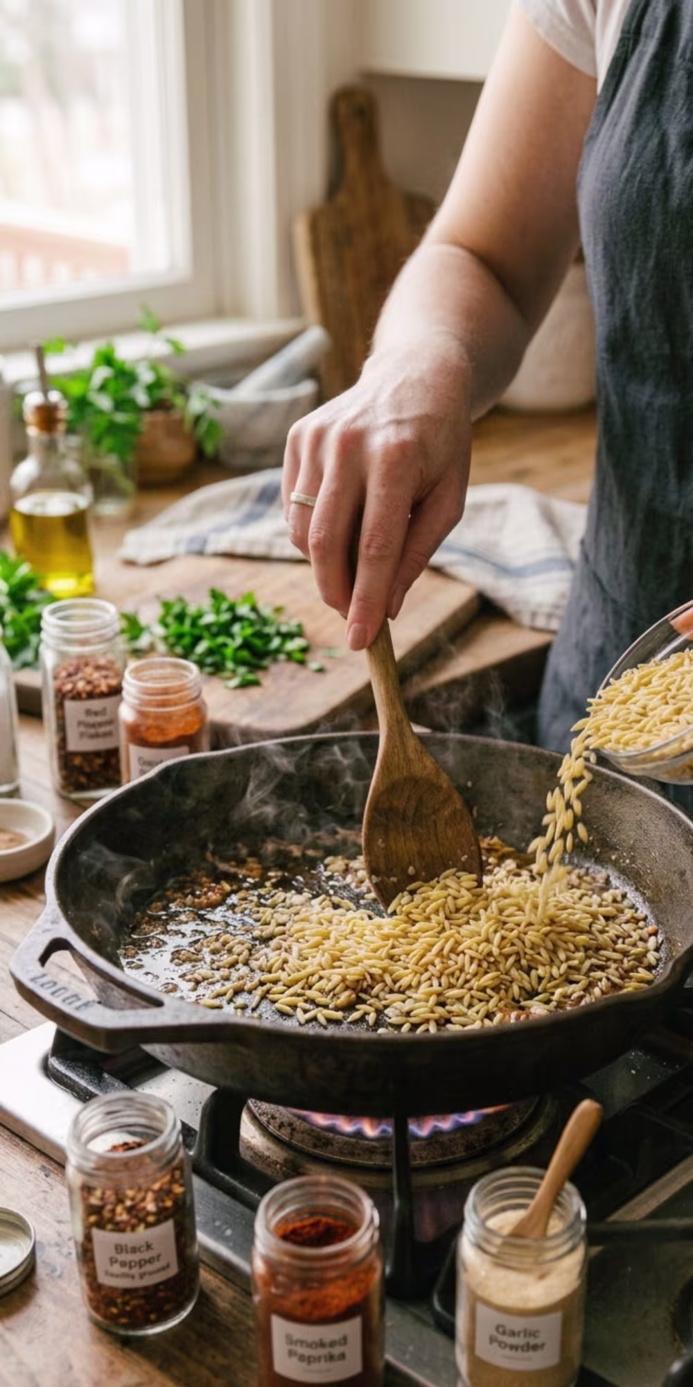 Dry orzo pasta being toasted with garlic and aromatics in a skillet
