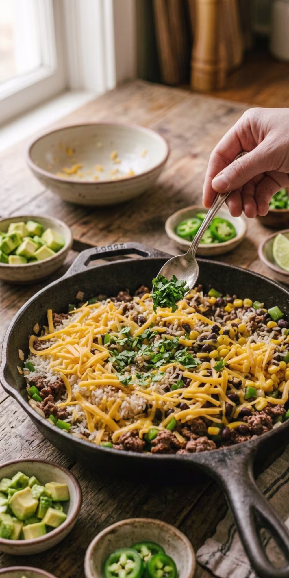 Finished one pot taco rice garnished with fresh cilantro, avocado, lime, and melted cheese in a skillet