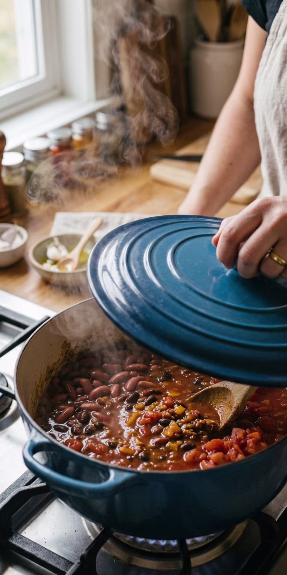 Vegetarian three bean chili gently simmering in a Dutch oven with tomatoes and spices