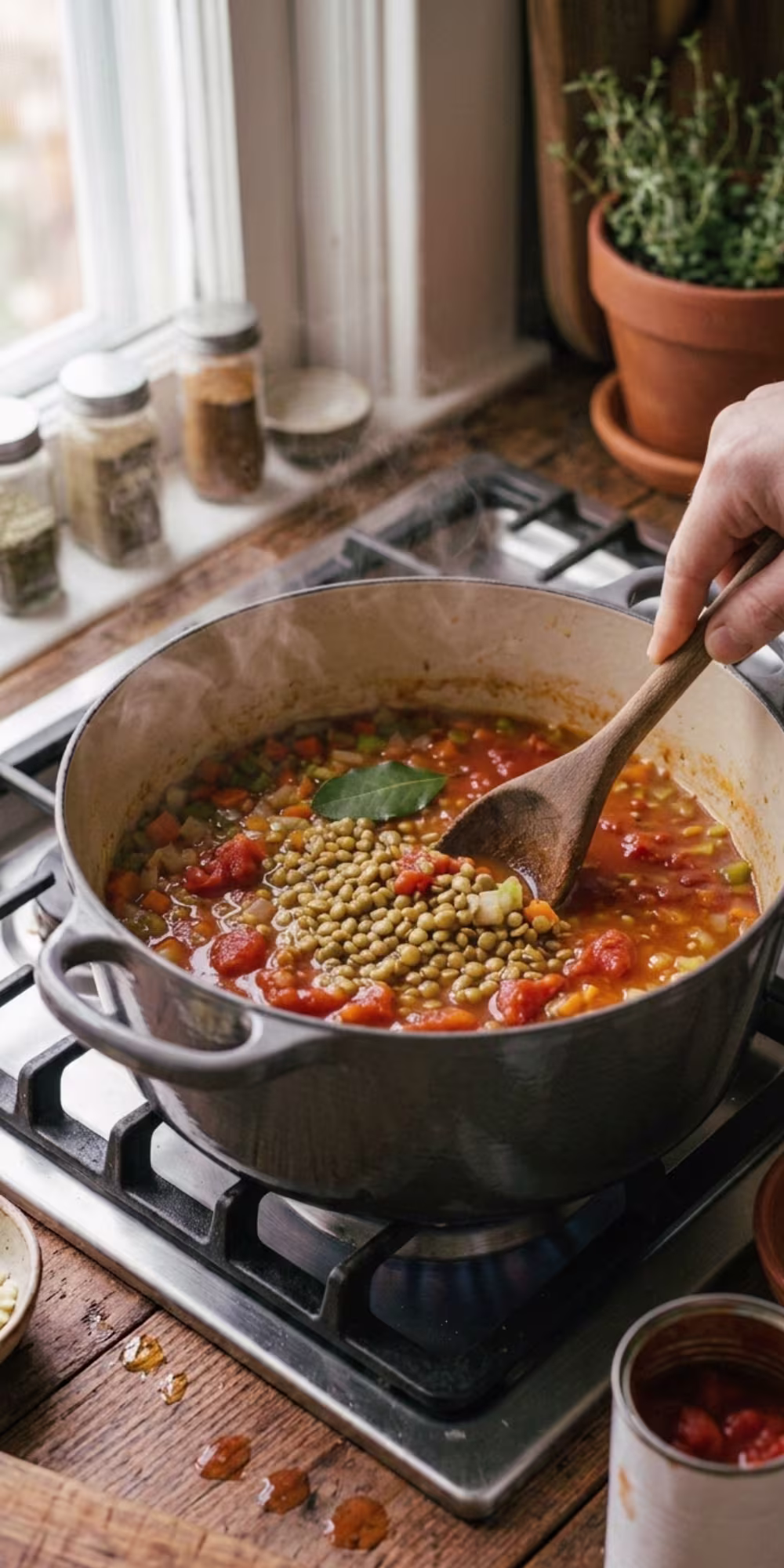 Diced tomatoes stirred into partially softened green lentils and vegetables to make a hearty tomato lentil stew