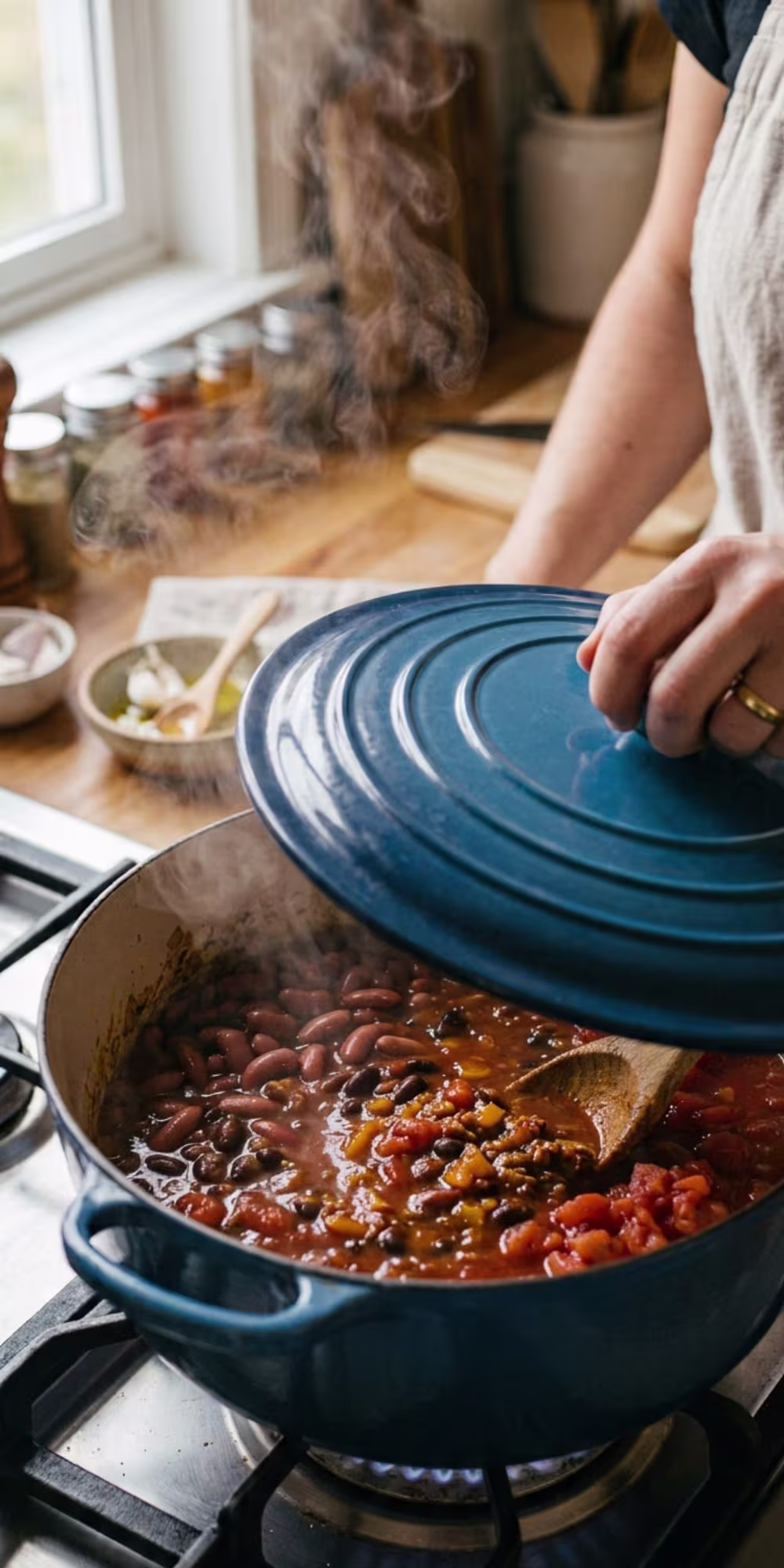 Thick homemade vegetarian chili being seasoned with salt pepper and fresh lime juice