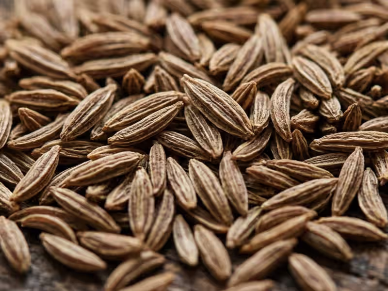 Close-up of whole cumin seeds showing their slender, ridged shape